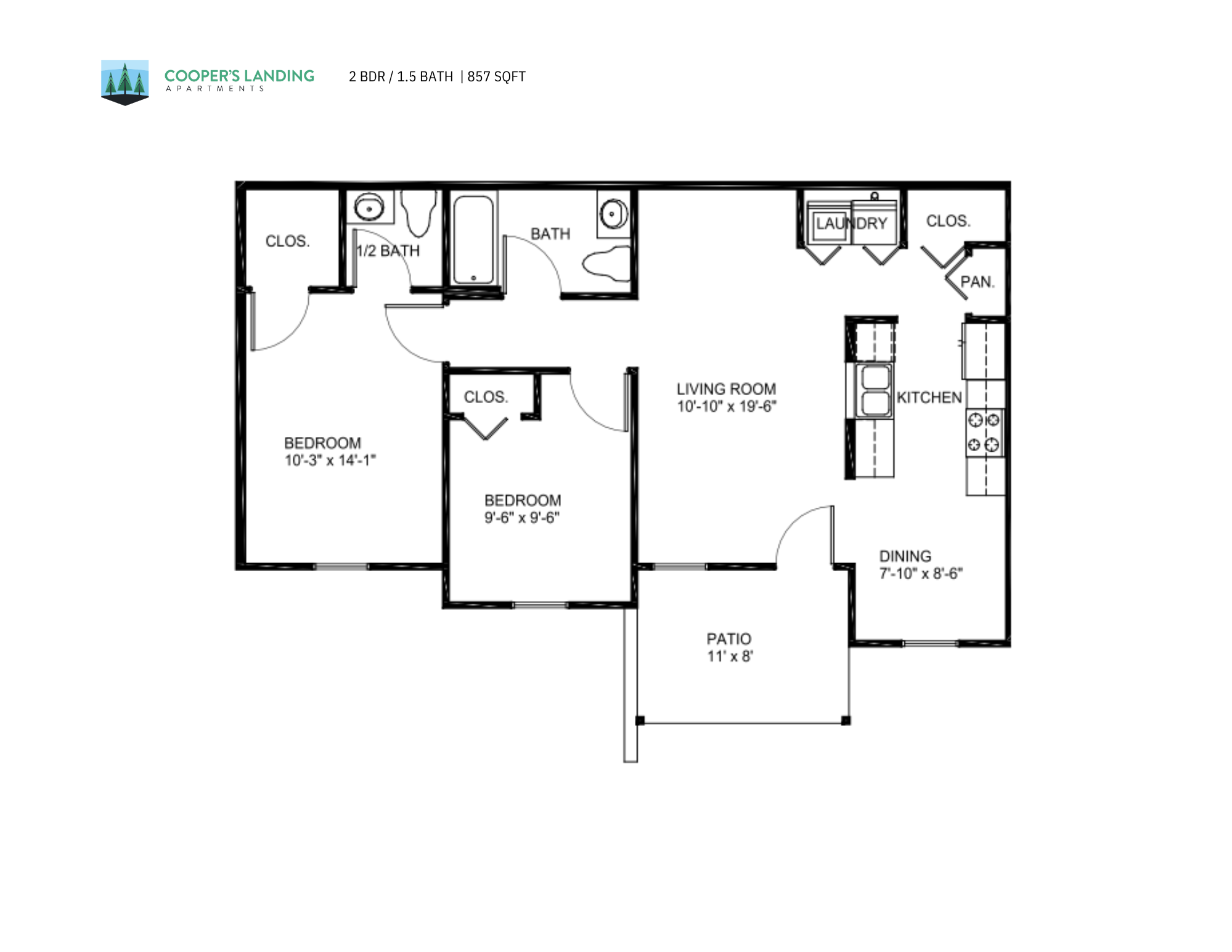 Floor plan for 2 beds, 1.5 baths, 857 sqft
